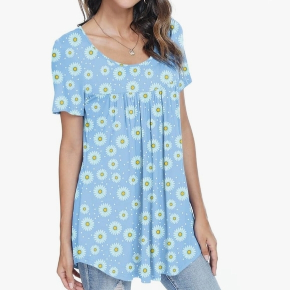 LONGYUAN Short Sleeve Tunic Blouse in Blue Daisy Size M - Picture 2 of 9